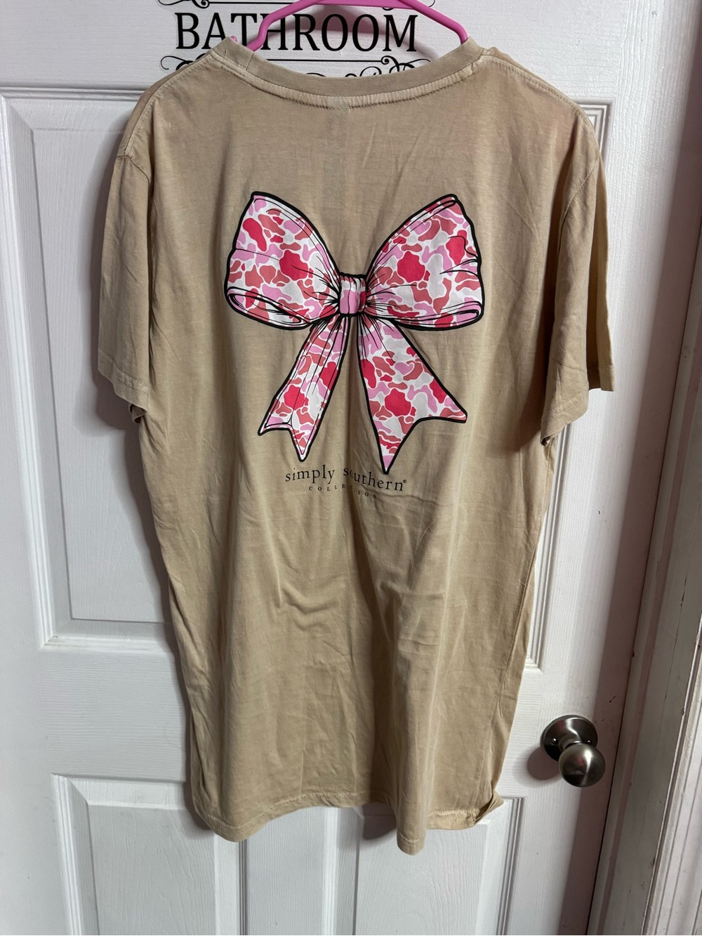 Simply Southern Tan Tee with Pink Camo Bow Graphic